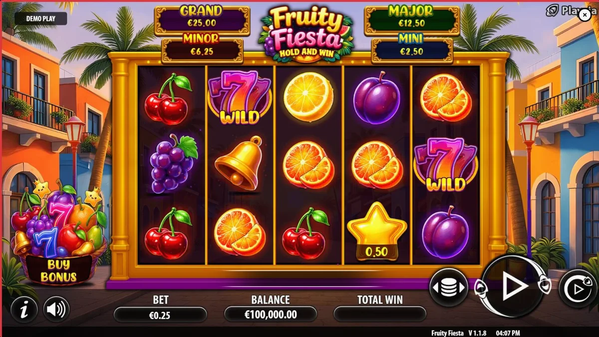 Tampilan visual neon dan buah-buahan dalam slot Fruity Fiesta Hold and Win